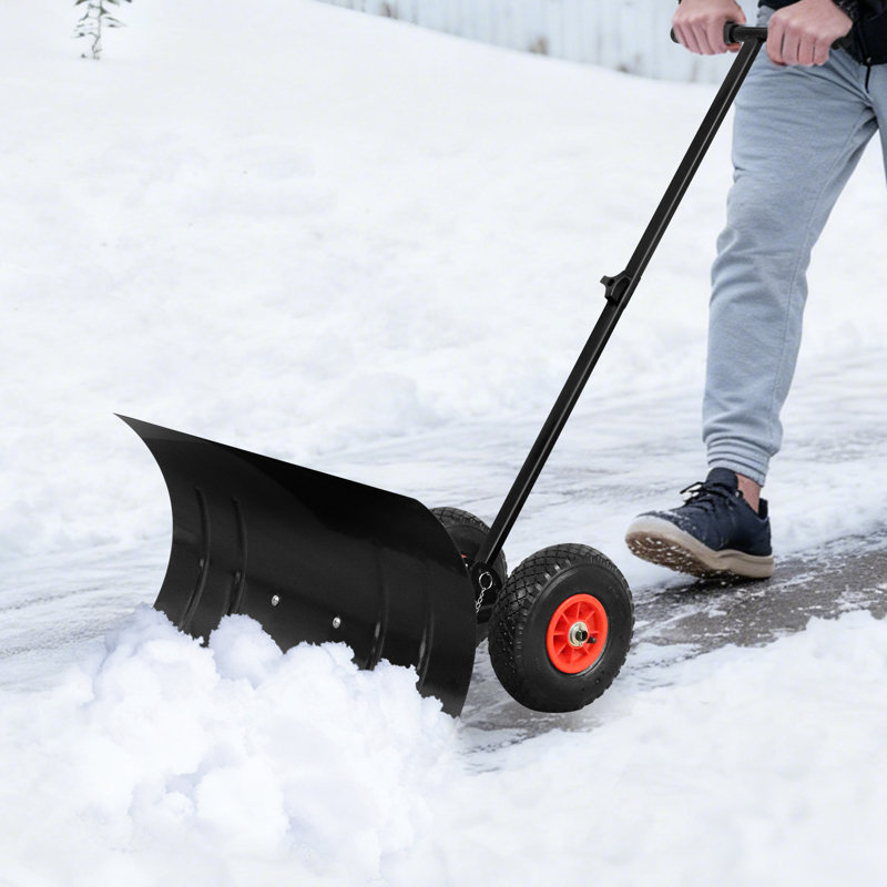 Poussoir à neige robuste en métal avec roues, lame inclinée à 5 positions et poignée réglable, Noir