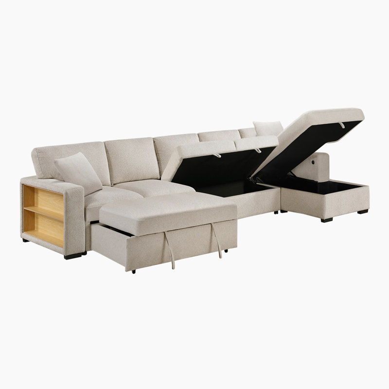 Meserve 144.5" Modern & Contemporary Boucle Sectional with Pull-out Sleeper, USB Charging Ports & Dual Hidden Storage