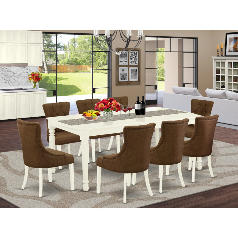 9 Piece Dining Table Set Includes a Rectangle Dining Room Table with Butterfly Leaf and 8 Brown Linen Fabric Parson Chairs, 42x78 Inch, Linen White