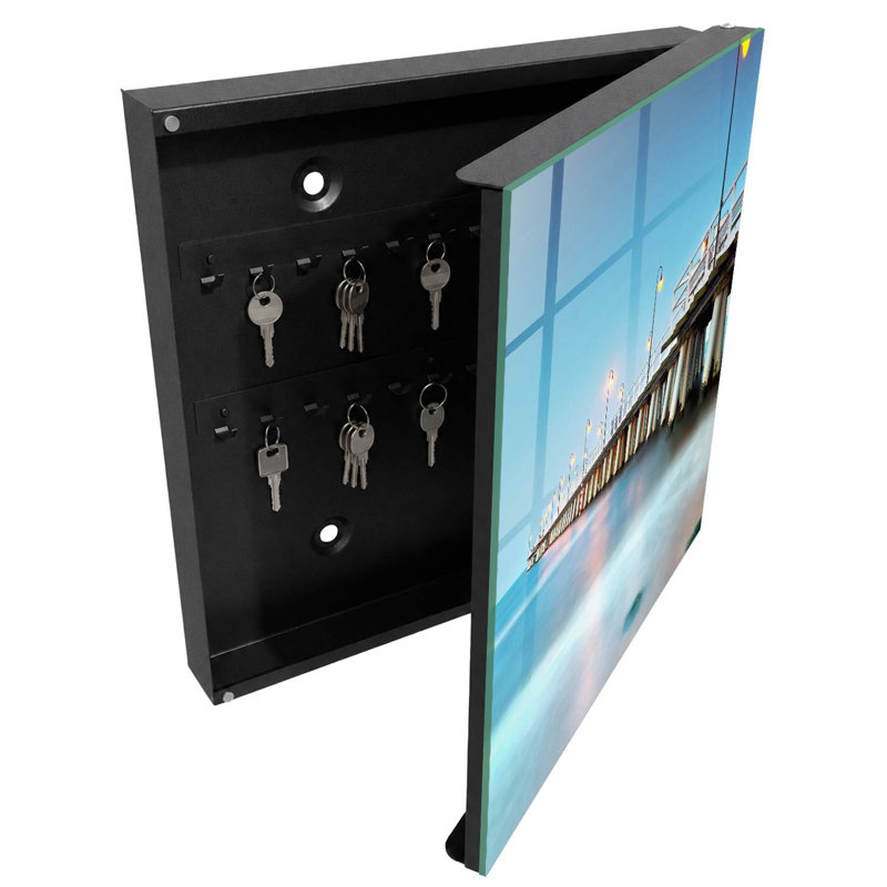 Key box for home, Opens to the right, 30x30x5, Black, Subdued bridge scene at sunset, 