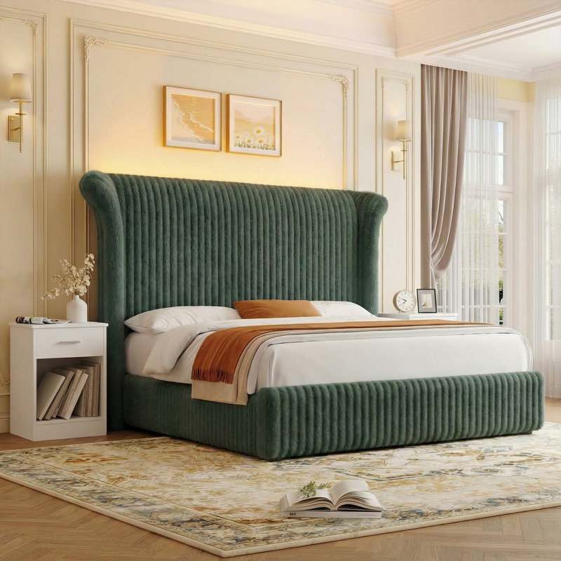 Modern 3-piece Bedroom Set, 55" Green High Wingback Bed With Built-in Lighting And 1-drawer Nightstands, White/Green, Queen