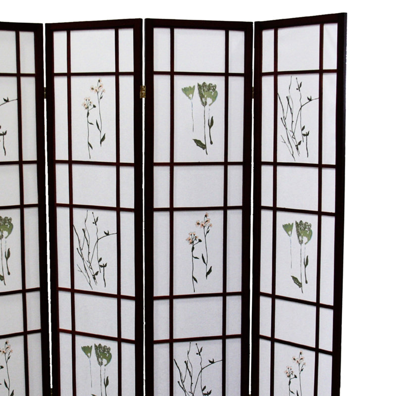 Cloison de 70 po de hauteur à 4 écrans en bois de cerisier avec motif floral asiatique traditionnel