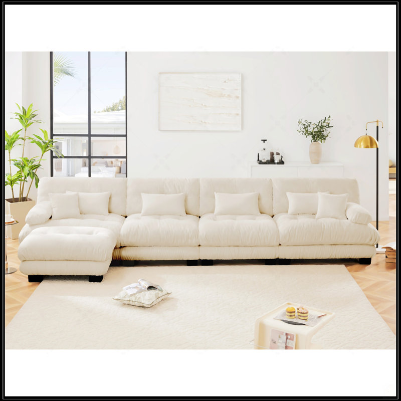 4-Seater Comfy Cloud Couch With Convertible Ottoman, Light Coffee