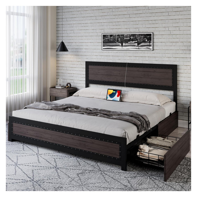 Structure de lit avec 4 tiroirs de rangement et station de charge, structure de lit plateforme avec tête de lit, support de lattes en métal robuste, aucun sommier nécessaire pour la chambre à coucher