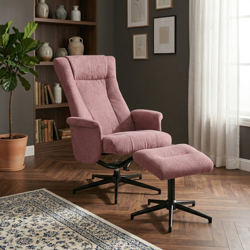 Chaput TV Chair with Stool, Pink Polyester Blend