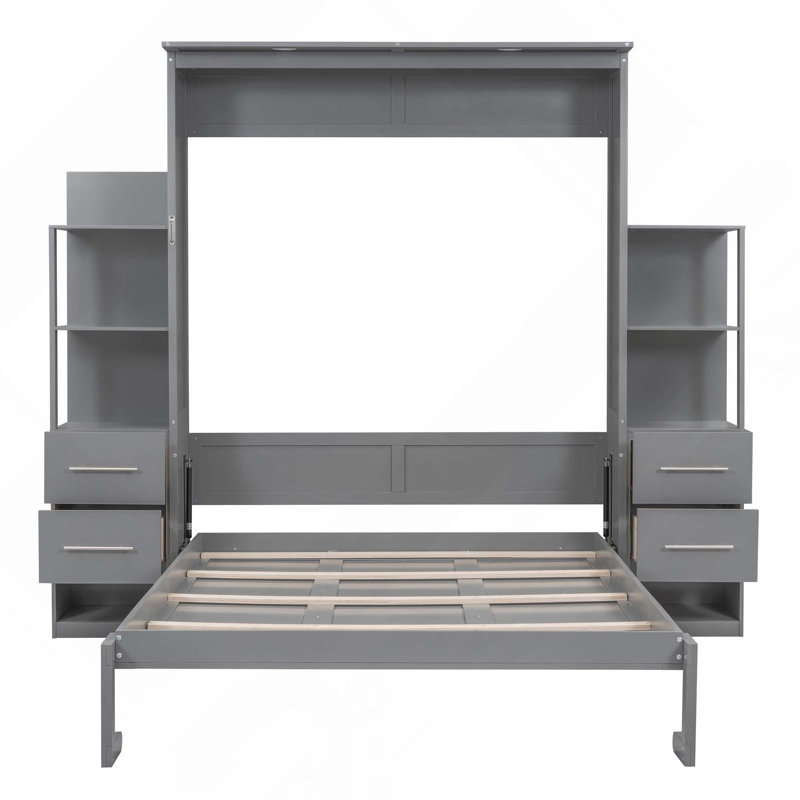 Grand lit escamotable mural avec tablettes, tiroirs et lumières, Grey