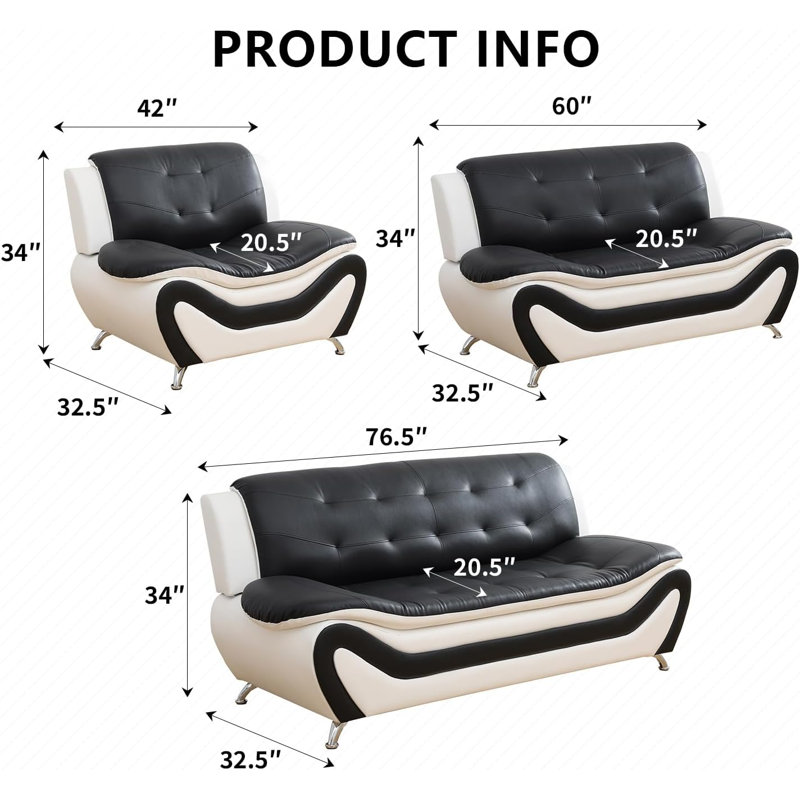 Chaise d'appoint 42 po moderne en similicuir avec motif ondulé et pieds chromés, Blanc/Noir