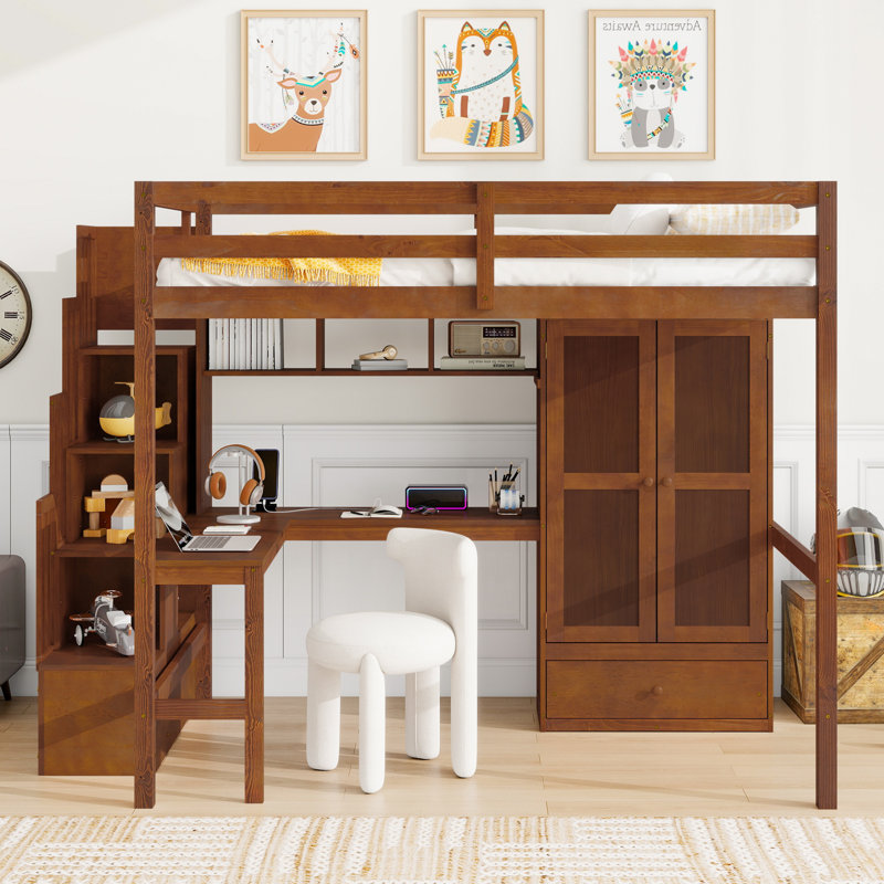 Kids Full Solid Wood Loft Bed with Desk, Charging Station, Bookshelves and Wardrobe, Walnut