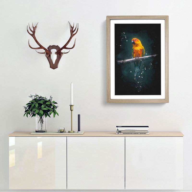 Perched Parrot - Picture Frame Graphic Art Print, 33cm H x 24cm W x 2cm D, Oak Framed