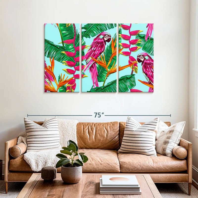 Brampt, plantes tropicales et oiseaux exotiques, H 36 po x l 57 po