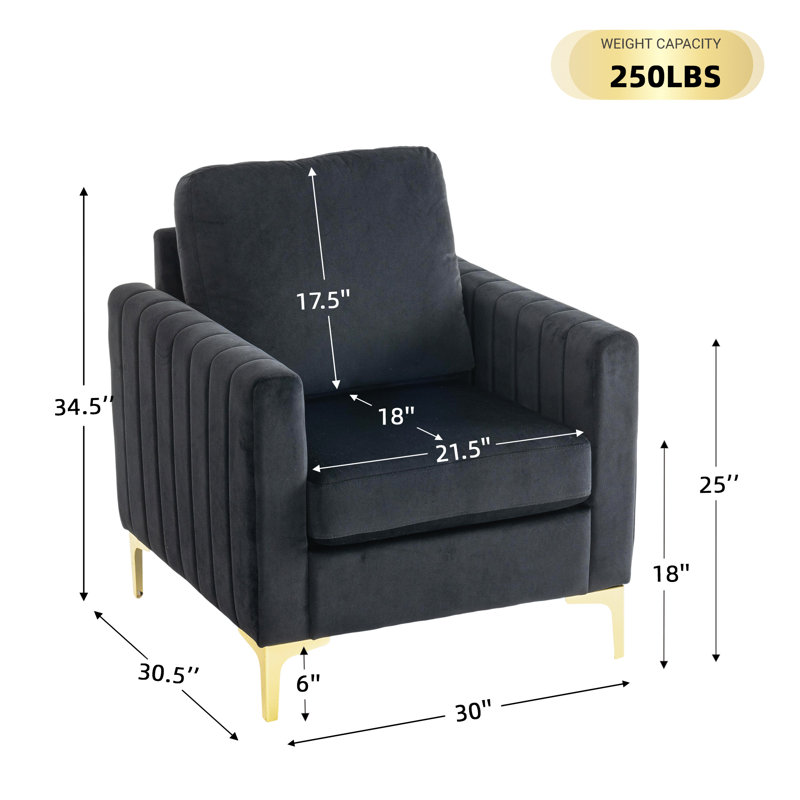 Velvet Accent Chair With Gold Metal Legs Comfy Reading Chair For Living Room, Black