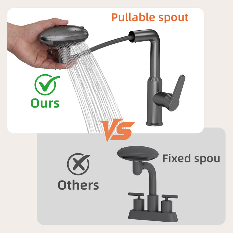 Robinet de lavabo extractible 4 jets, canon de fusil noir, pivotant à 360°, mitigeur monocommande avec jets cascade, pluie, aéré et jet ascendant