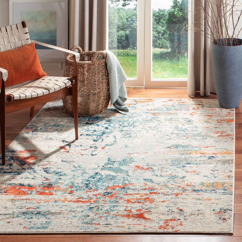 Felty Abstract Cream/Orange/Blue Rug, Rectangle 8' x 10'