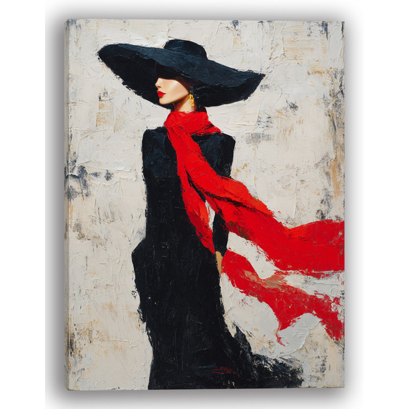 «Lady in Black with Red Scarf I», art mural sur toile tendue, H 48 po x l 36 po