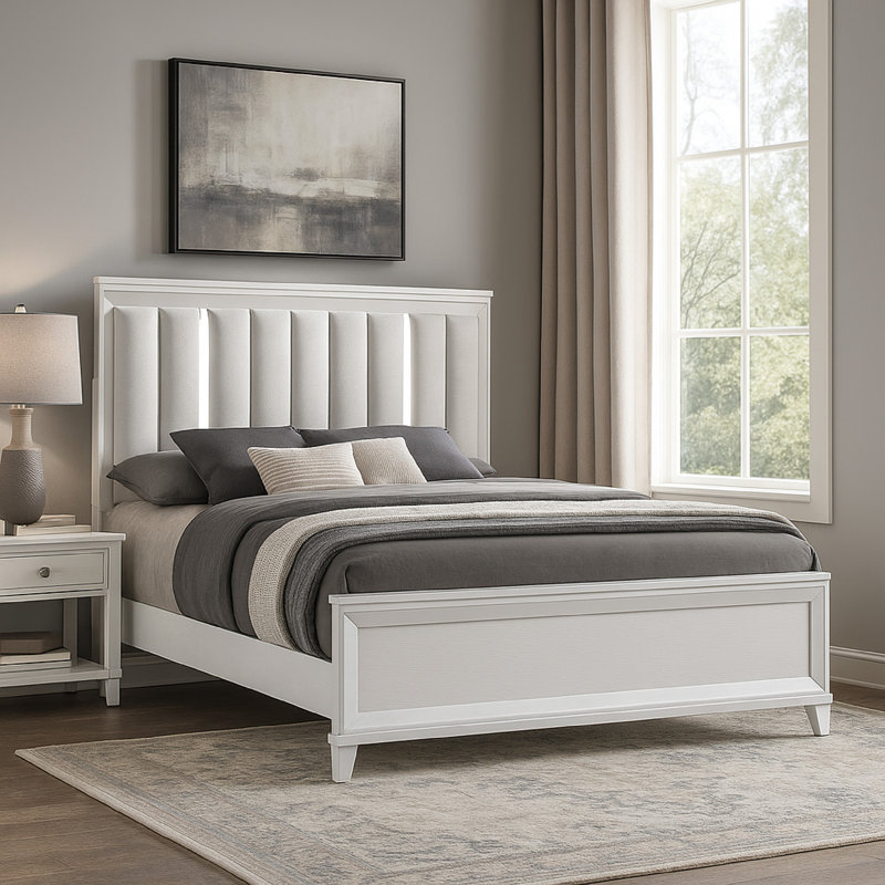 Ressy Platform Bed With LED, Channel Tufted Upholstery, Wood, King