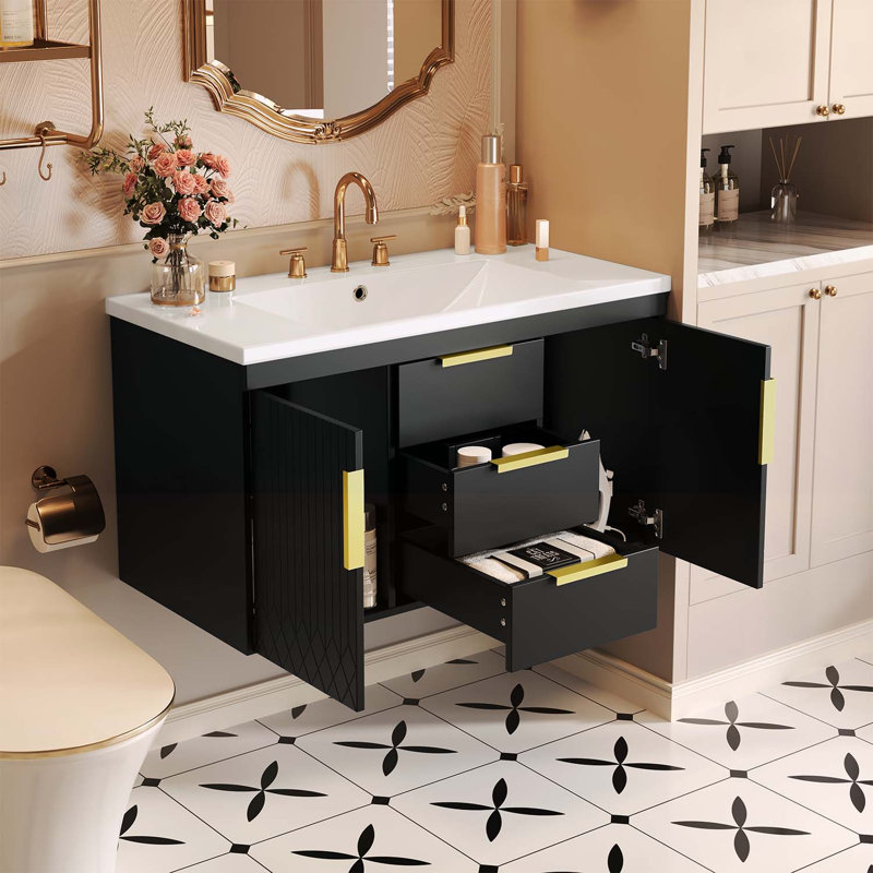 Meuble-lavabo mural avec lavabo et rangement spacieux, Noir