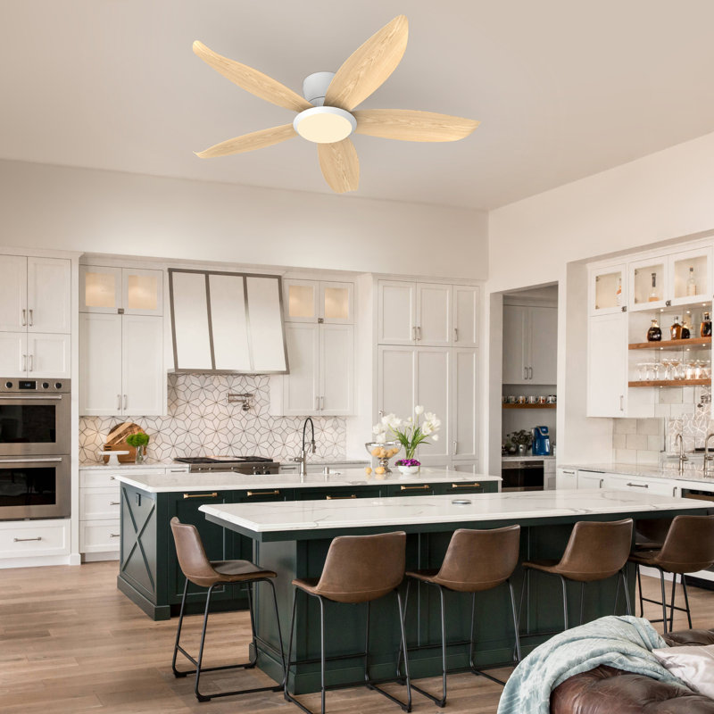 42" 5 - Blade Dimmable LED Reversible Ceiling Fan With Light And Remote Control, White, Natural Wood