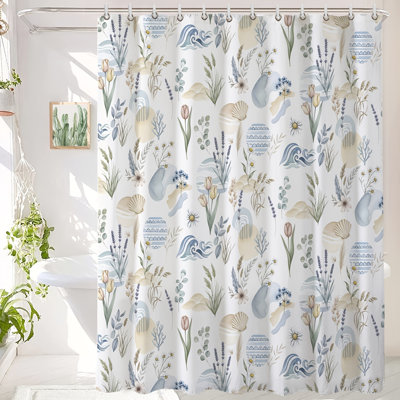 Cute Floral Shower Curtain, Sage Green Flower Fabric Shower Curtains for Bathroom, Spring Summer Wildflower Butterfly Cloth Shower Curtain Set with Hooks, 72x72