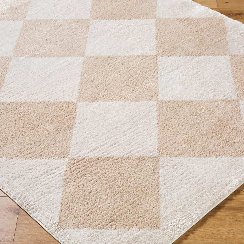 Beige Modern Washable Shaggy Rug, Chequered Anti-Slip Rug For Living Room, Dining Room, Bedroom, Kitchen