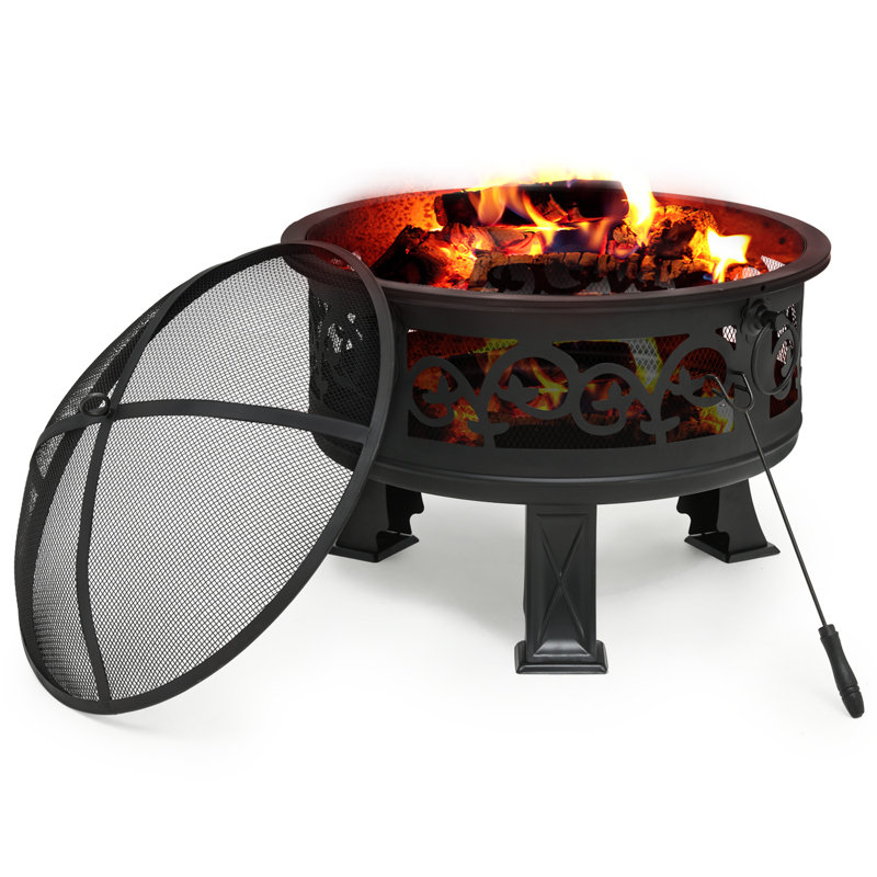 Modern Black Painted Round Wood Burning Fire Pit with Spark Screen