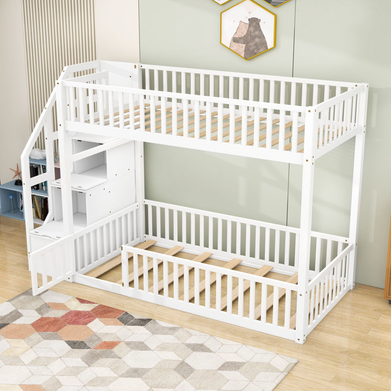Twin Over Twin Wood Bunk Bed With Guardrails And Stairs, White
