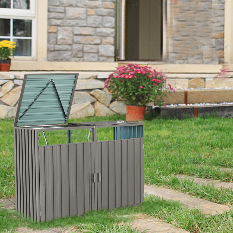 Garbage Bin Shed Stores 2 Trash Cans Metal Outdoor Bin Shed