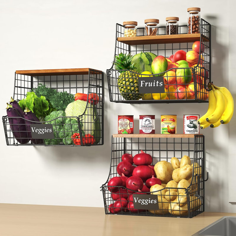 Ensemble de 3 paniers à fruits pour la cuisine avec couvercle en bois - Rangement mural pour oignons et pommes de terre avec plaque signalétique, panier de rangement empilable, paniers métalliques suspendus