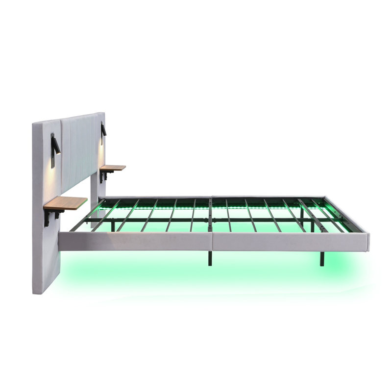 White Velvet Upholstered Bed With 2 Bedside Lamps, Headboard Storage Function, With Charging Socket, With Light Strip Under The Bed