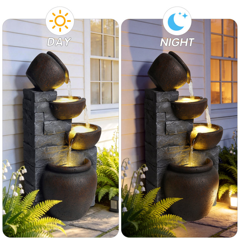 mdj pottery Outdoor Cascading Water Fountain with LED Lights - 25.6" Tall Resin 4-Tier Rustic Jug Water Fall for Patio, Garden, and Backyard - Grayish Brown