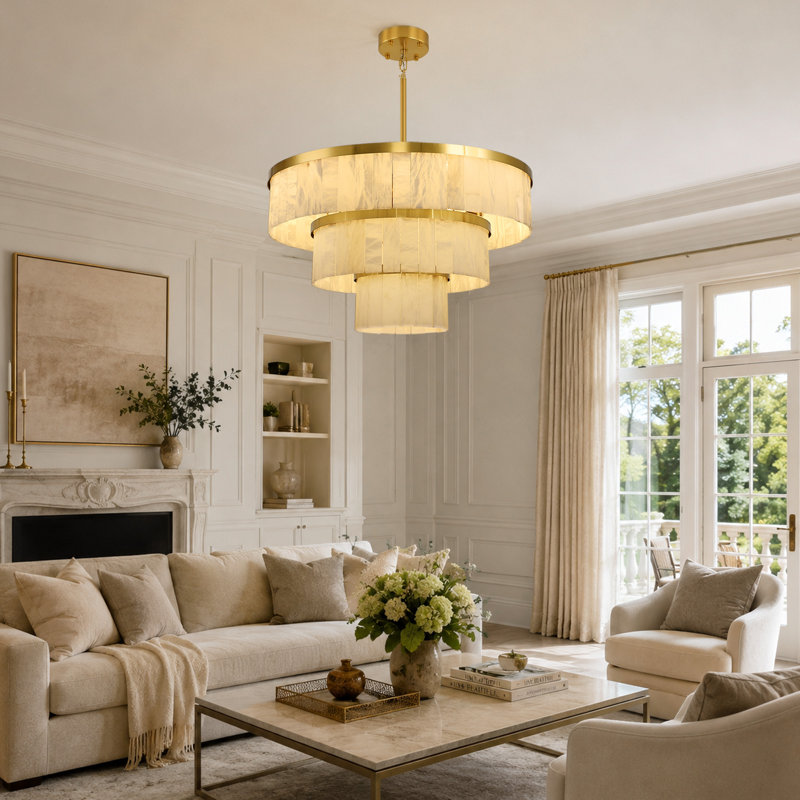 Lustre moderne à 3 niveaux en albâtre, 16 lumières, 34 pouces, suspension ronde, Laiton brossé