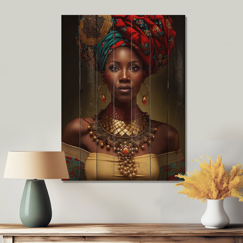Reine africaine avec collier doré traditionnel II sur bois, H 32 po x l 24 po x P 0,78 po