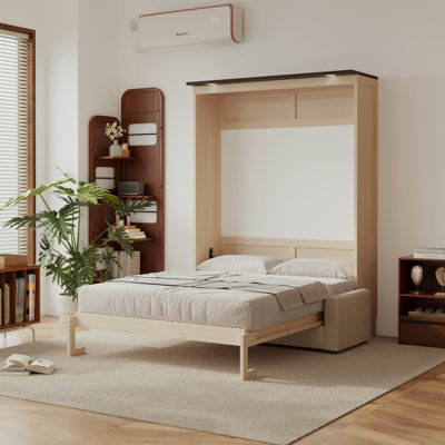 Queen Size Murphy Bed With Sofa And Led Lights, Space-saving Convertible Cabinet Design