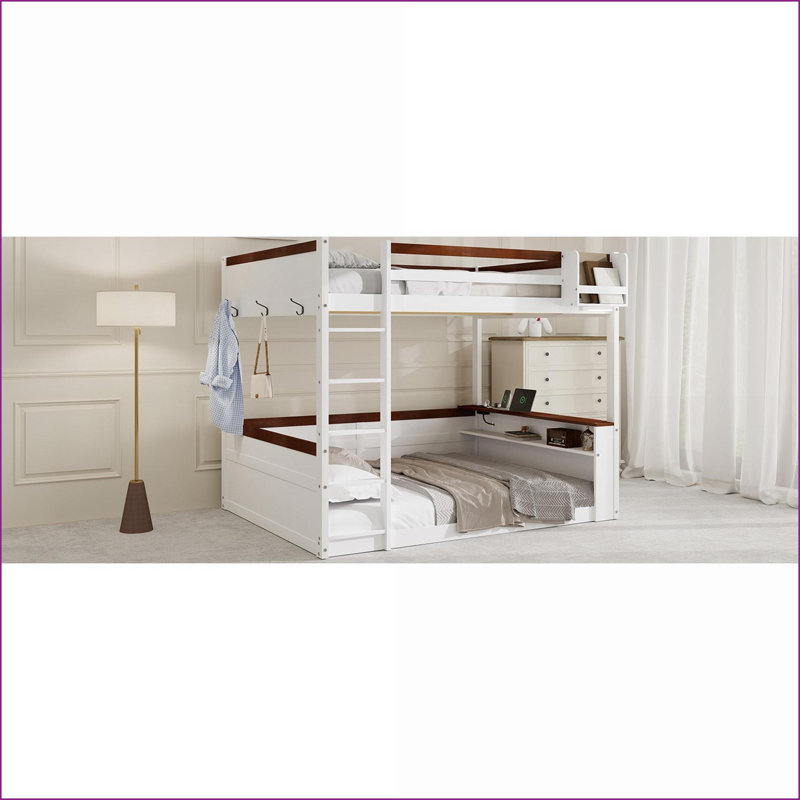 Grand lit superposé en bois de pin avec rangement, lumière DEL et amp; Chargement USB, blanc pour les petits espaces