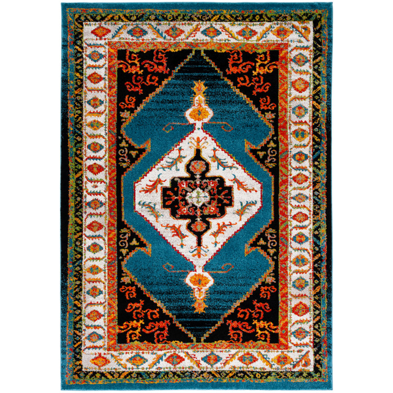Tapis rétro bleu / ivoire Hamadan 260, Rectangle 9 pi x 12 pi
