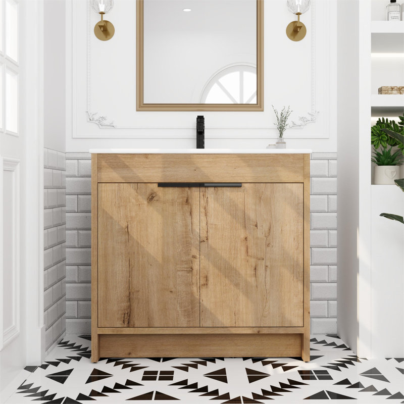 Kinslie 35.93'' Single Bathroom Vanity with Ceramic Top,2 Soft Close Doors and 1 Adjustable Shelf, Brown