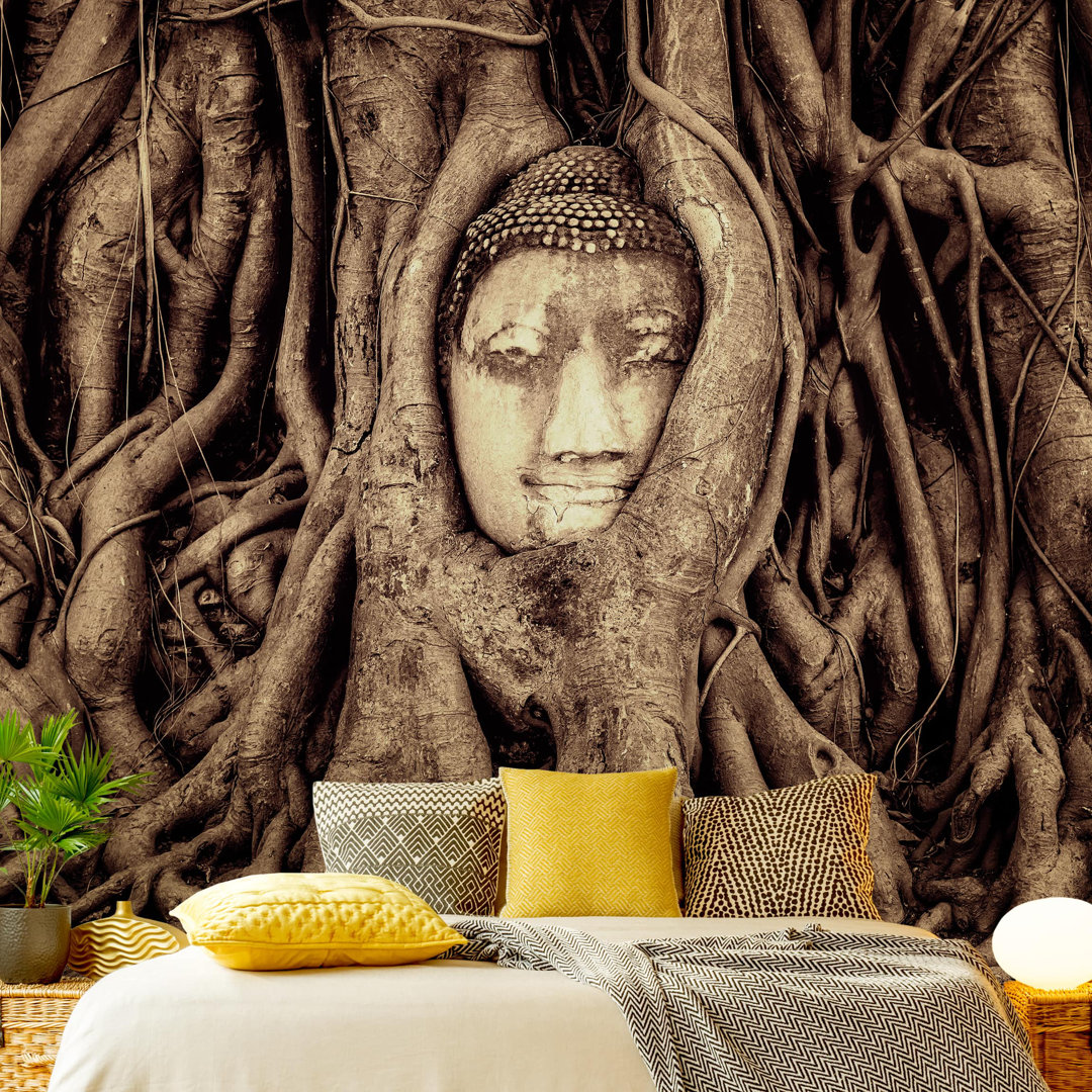 Buddha in Ayutthaya Surrounded by Tree Roots in Brown 2.4m x 2.4m Textured Matt Peel & Stick Wall Mural