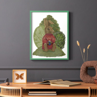 Lapin latte dans un chandail, reproduction encadrée - bois massif