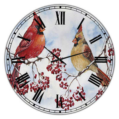 Two Cardinals And Snowy Winter Berries - Oversized Cottage Wall Clock
