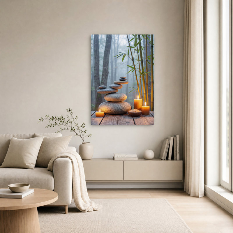 «Stacked Zen Stones and Bamboo in Misty Forest», art mural sur toile, H 18 po x l 12 po