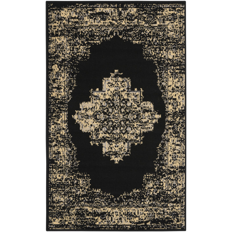 Burnie Oriental Black/Cream Area Rug, Runner 3' x 5'