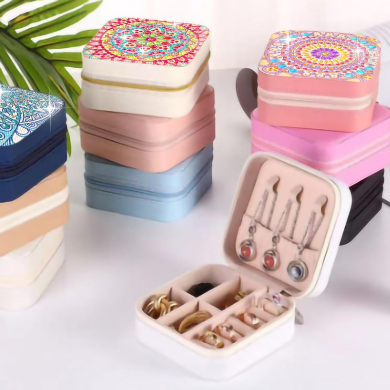 1/4 pièces organisateur de bijoux en diamant, boîte de rangement de mandala bricolage portable, étui de rangement pour collier de bagues, boîte d'art en diamant en cuir PU 4 pièces par ensemble, taille unique