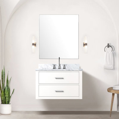 Meuble-lavabo blanc 30 po x 22 po avec comptoir en marbre et miroir de 28 po à fermeture douce