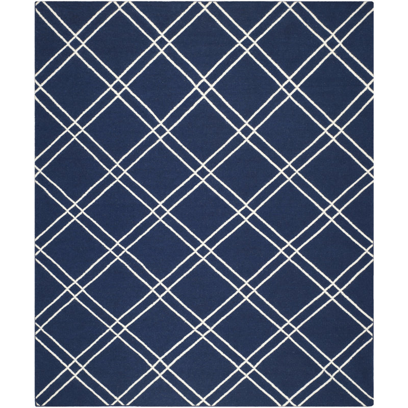 Rodgers Hand Woven Flat Weave Wool/Cotton Geometric Rug in Blue/Ivory, Rectangle 3' x 5'