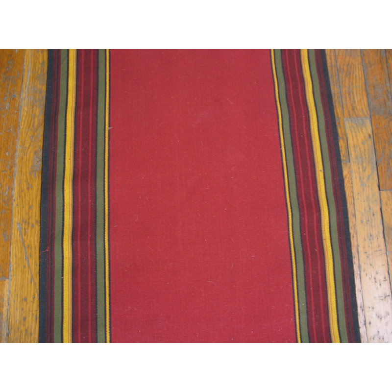 Red Field Stripped Border Vintage Mid Century American Extra Long Hallway Runner Rag Rug