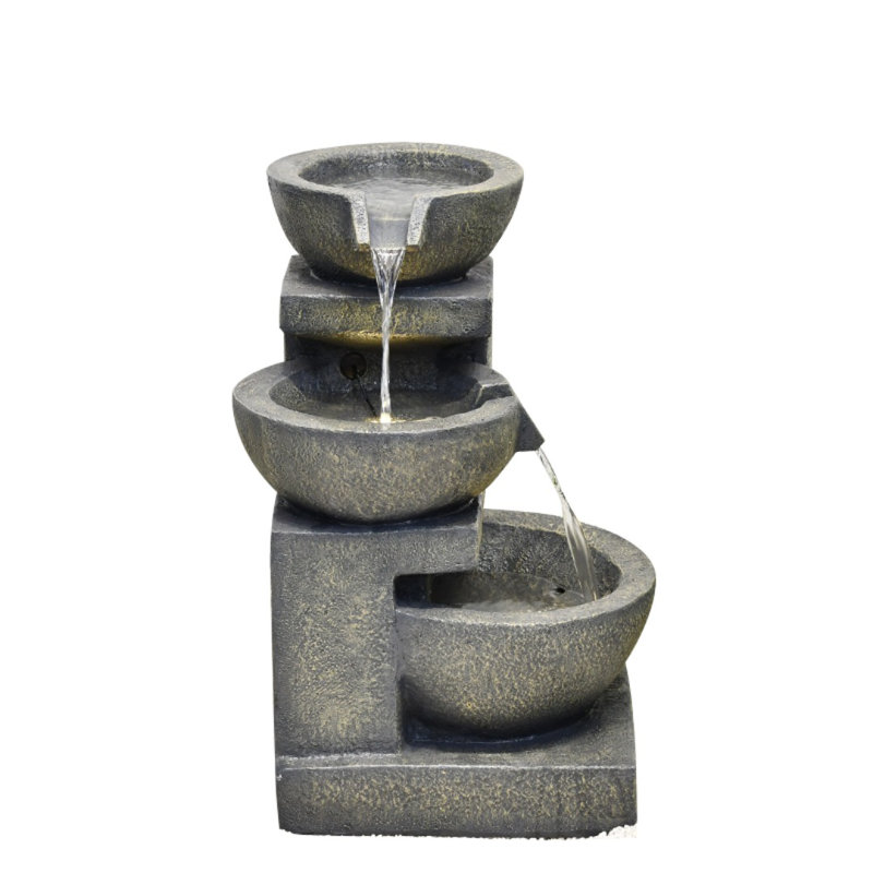 Beige Resin 3-Bowl Fountain with LED Lights