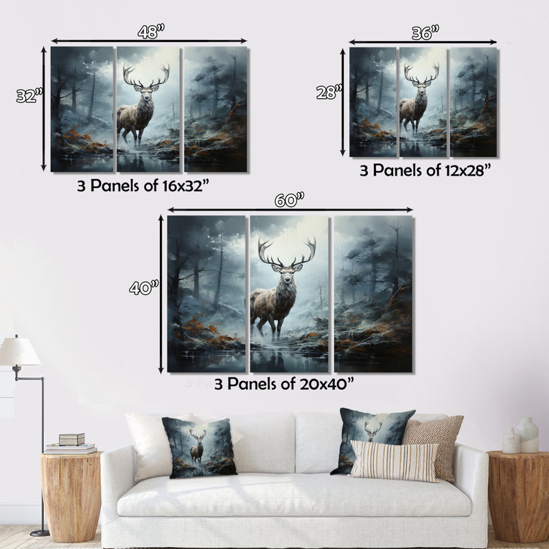 «Deer Whispering Mist I» sur toile, ensemble de 3 pièces, H 28 po x l 36 po x P 1 po