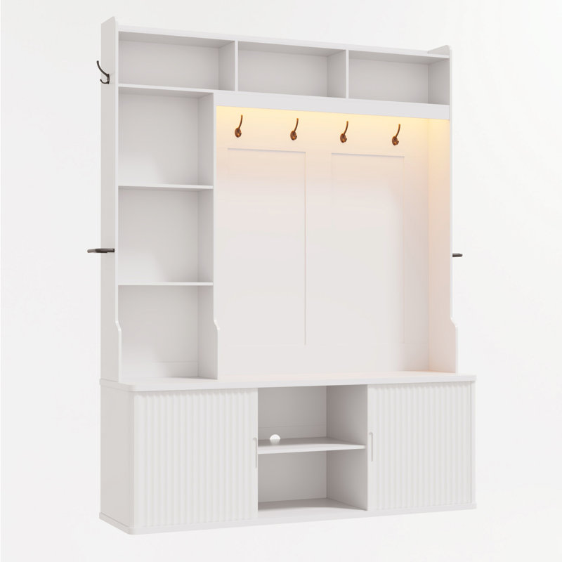77''H Modern Fluted Hall Tree with Bench and Shoe Storage, Entryway Bench with Coat Rack & 6 Hooks, Smart RGB LED Lighting, Adjustable Shelves & Umbrella Holder, Mudroom/Hallway Storages Cabinet with Sliding Doors & Rounded Corners
