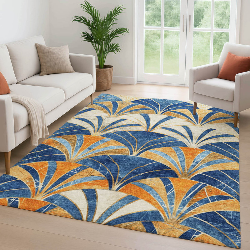 Premium Machine Washable Mayfield geometric Rug, Blue, 2'6" x 3'10"