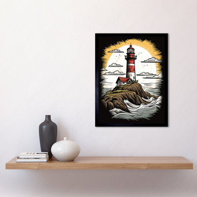 Tomita Lighthouse On Cliff Old School USA Tattoo Ink Body Americana 50s - Single Picture Frame Print