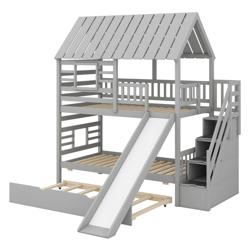 Lit superposé House avec lit gigogne et glissade, escalier de rangement, toit et fenêtre, Gris